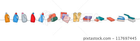 Set of cleaning tools one line. Toilet cleaners, towels, rags, gloves, sponges, washcloths, brushes continuous one line illustration. Set of cleaning tools one line. Toilet cleaners, towels, rags, gloves, sponges, washcloths, brushes continuous one line illustration. 117697445