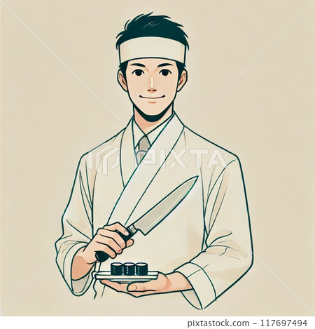 Sushi chef holding a knife 117697494