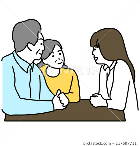 一對老年夫婦與一位年輕女子交談的插圖 一對老年夫婦與一位年輕女子交談的插圖 117697711