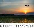 Airplane landing at dusk 117697913