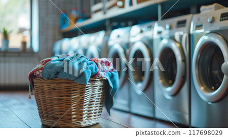 Basket with dirty clothes near washing machines in laundry room. 117698029