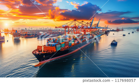 Logistics, container Cargo ship transportation with working crane bridge in deep sea port for import export. 117698057