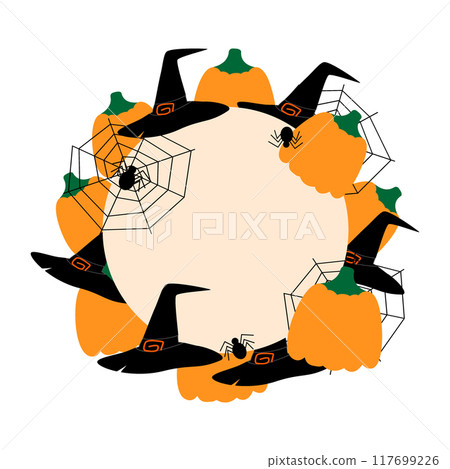 Halloween Round frame with pumpkins, which hats, spiders and cobwebs. Greetings concept Copyspase Halloween Round frame with pumpkins, which hats, spiders and cobwebs. Greetings concept Copyspase 117699226