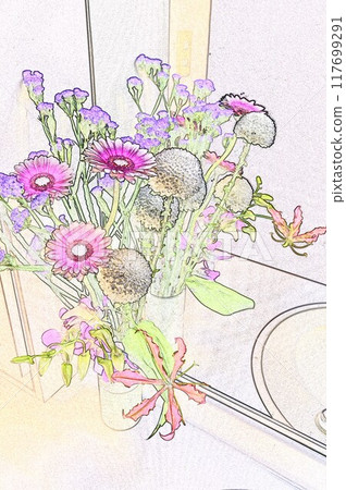 CG圖像插圖花反映在盥洗台和鏡子上 CG圖像插圖花反映在盥洗台和鏡子上 117699291