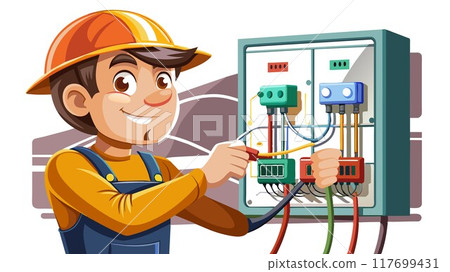 A close-up view of an electrician repairing an electrical switchboard, a crucial component of a safe and efficient electrical system. 117699431