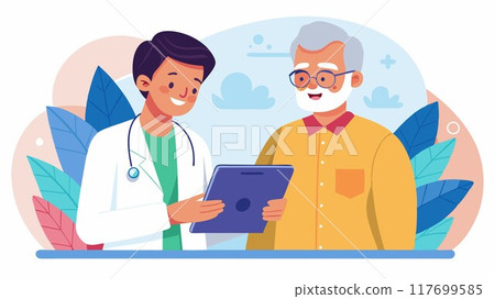 Modern technology bridges the gap between generations. This image showcases a young doctor and a senior Indian patient reviewing information on a digital tablet, symbolizing a collaborative approach 117699585