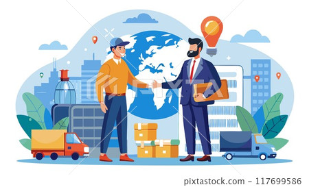 A handshake solidifies the commitment to smart logistics solutions, optimizing global business operations. 117699586