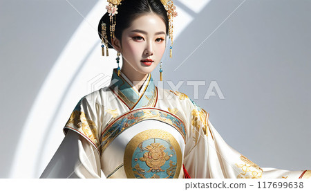 黑色背景中穿著紅色和服的女人的特寫 117699638