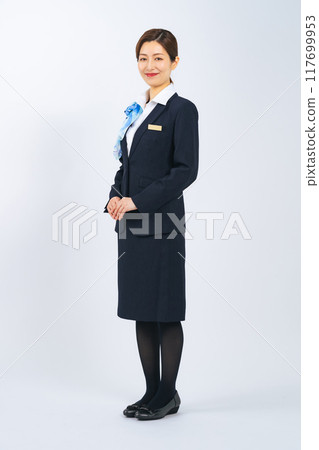Full-body photo of a woman serving customers 117699953