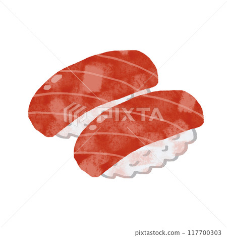 Hand-drawn tuna sushi, two pieces, illustration, textured 117700303