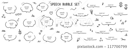 A vector illustration set of hand-drawn speech bubbles. Speech bubbles, frames, stylish, handwritten, hearts 117700799