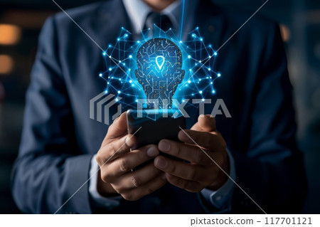 Businessman using chatbot in smartphone intelligence Ai, Chat with AI Artificial Intelligence. 117701121
