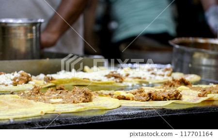 A street food shop at Vrindavan Where gram flour cheela and stre A street food shop at Vrindavan Where gram flour cheela and stre 117701164