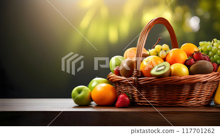 Basket of mixed fruit with copy space blurred background 117701262
