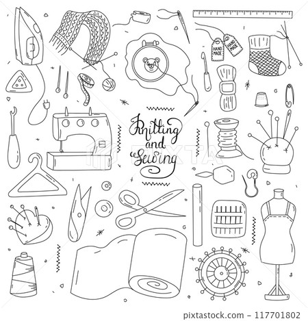 Doodle vector illustration - Set of knitting and sewing supplies. Needlework, Yarn, pins, buttons, thread, needle bar, macrame, sewing. Perfect for your brand logo and branding. Doodle vector illustration - Set of knitting and sewing supplies. Needlework, Yarn, pins, buttons, thread, needle bar, macrame, sewing. Perfect for your brand logo and branding. 117701802