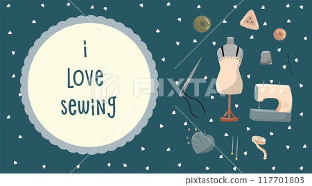 Vector illustration for sewing workshops, banners of weaving factories, tailors. Illustrations with thread, needles, thimble, sewing machine and buttons. Vector illustration for sewing workshops, banners of weaving factories, tailors. Illustrations with thread, needles, thimble, sewing machine and buttons. 117701803
