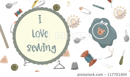 Vector illustration for sewing workshops, banners of weaving factories, tailors. Illustration with needles, threads, buttons, hoops and other sewing accessories. Vector illustration for sewing workshops, banners of weaving factories, tailors. Illustration with needles, threads, buttons, hoops and other sewing accessories. 117701804