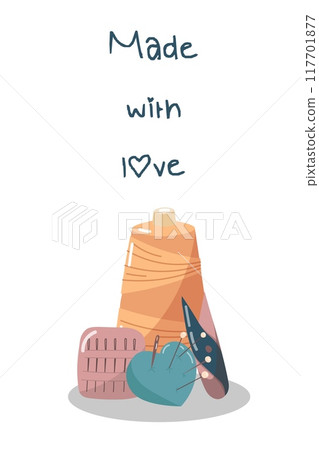 Vector illustration with sewing supplies, skein of thread, needle holder and steamer. The illustration is suitable for stickers, postcards and posters. 117701877