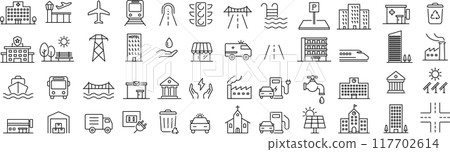 Vector monochrome line icon set about infrastructure 117702614