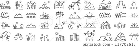 Vector monochrome landscape line icon set Vector monochrome landscape line icon set 117702615