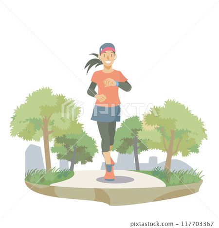 Illustration of a female runner running in a park in early summer 117703367