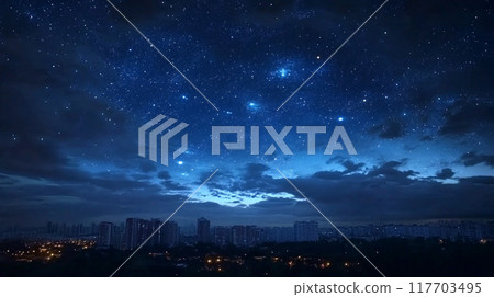 夜空和銀河在夜空中閃耀的輪廓，城市景觀 117703495