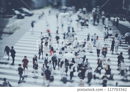 People crossing the crosswalk, overhead view blur 117703562