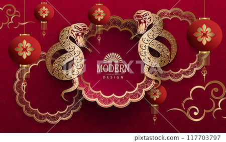 Happy Chinese New Year, textured red card with snakes and figured frame 117703797