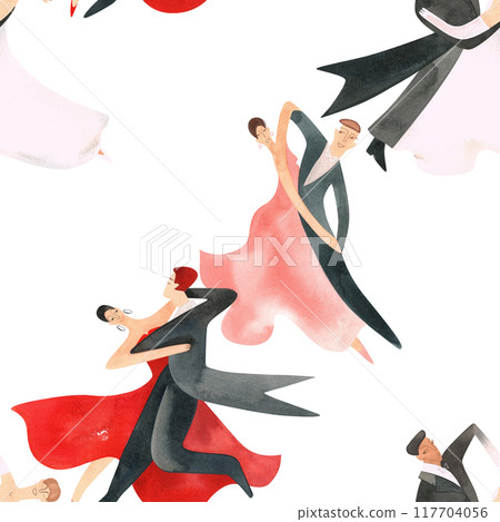 Ballroom dancing, standard. Adult couples on the parquet. Isolated watercolor illustration. Seamless pattern. White background Ballroom dancing, standard. Adult couples on the parquet. Isolated watercolor illustration. Seamless pattern. White background 117704056
