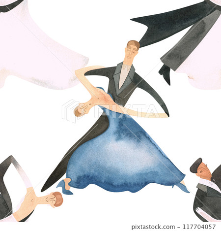 Ballroom dancing, standard. Adult couples on the parquet. Isolated watercolor illustration. Seamless pattern. White background Ballroom dancing, standard. Adult couples on the parquet. Isolated watercolor illustration. Seamless pattern. White background 117704057