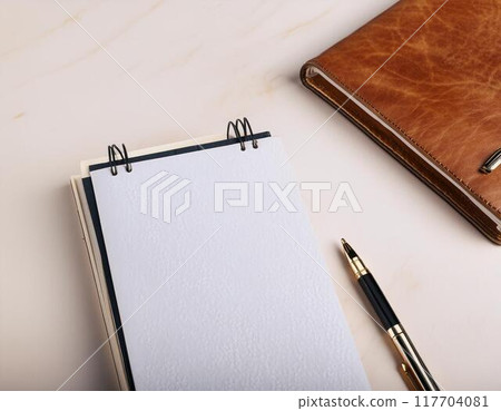 打開的記事本和放在附近的筆記本 117704081