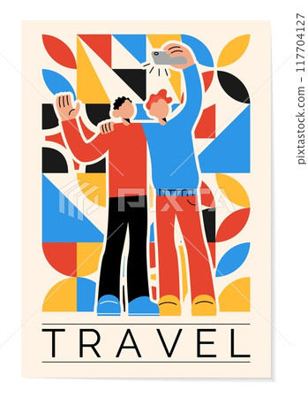 Travel persons. Happy men making selfie. Abstract geometric shapes. Phone photo camera. Hugging friends. Casual guys vacation. Trendy characters posing for photography. Vector tourism banner design 117704127