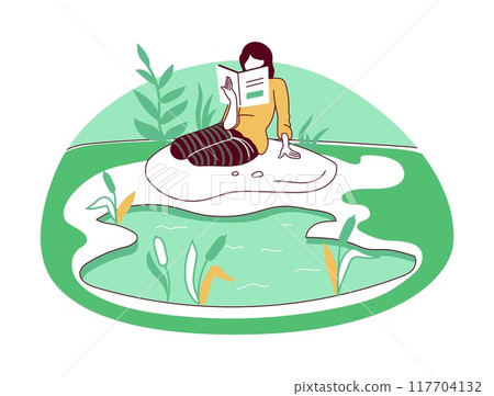People read books. Woman walks in park. Female at lake shore. Pond reeds. Summer leisure. Person relaxing in nature. Girl enjoying of literature. Wild scenery. Cartoon young character. Vector concept 117704132