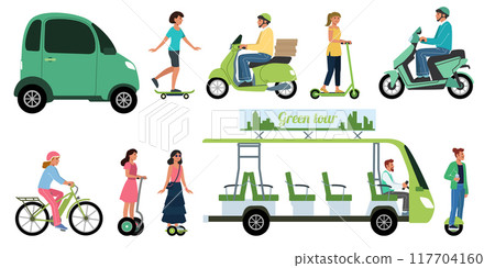 Electric transport. Ecological car. Green technology. People on bikes or scooters. Auto with electrical power battery. Urban mobile. Persons drive motorcycles and gyroscooters. Vector eco vehicles set 117704160