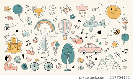Kids pattern. Children cute background. Happy baby icons. Childish pencil sketch. Cartoon doodle drawing. Fly plane. Car and air balloon. Summer rainbow. Tree and flower. Vector kindergarten wallpaper 117704161