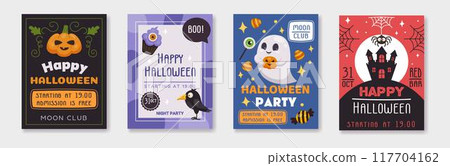 Halloween poster. Ghost hold candy illustration, pumpkin and castle party cartoon decoration, template creative flyer. Cute childish characters. Invitation holiday celebration. Vector magic tidy event Halloween poster. Ghost hold candy illustration, pumpkin and castle party cartoon decoration, template creative flyer. Cute childish characters. Invitation holiday celebration. Vector magic tidy event 117704162
