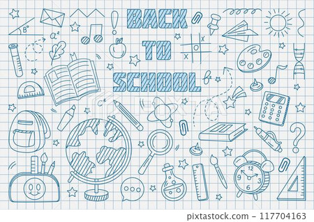 Back to school. Doodle hand drawn icons on notebook paper. Kids education. Pen sketch elements. College pattern. Children study. Science learn. Books and stationery. Line art. Vector tidy background 117704163