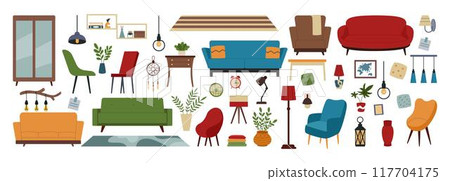 Home furniture. Interior decor. Office room design. Cozy apartment. Soft sofa. Table and light lamp. Modern couch. Chair or comfortable armchair. House lounge. Vector tidy flat furnishing elements set 117704175