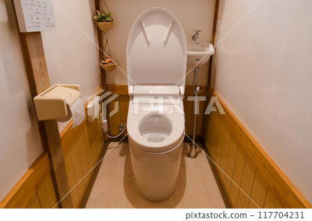 A restroom with a calm atmosphere and warm lighting 117704231