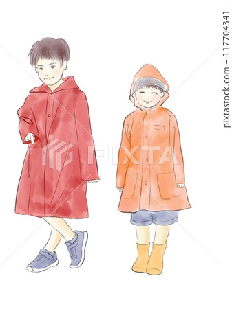 Illustration of boys wearing raincoats Illustration of boys wearing raincoats 117704341