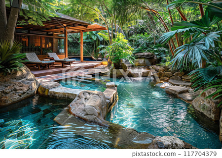 Tropical spa pool and relaxing outdoor massage areapool and relaxing outdoor massage area AI 117704379