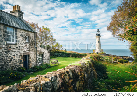 A charming stone-built keeper's quarters near a lighthouse, with the tranquil sea stretching into 117704409