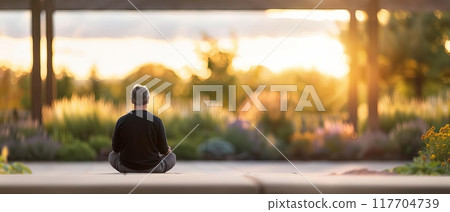 A solitary figure meditating outdoors in a serene park setting during a beautiful sunset, embodying peace and tranquility. 117704739