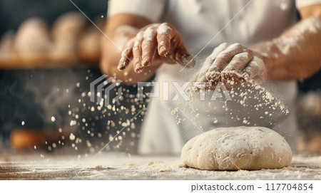Baker dusts flour onto dough, preparing for baking in a rustic kitchen. Artisan bread making process captured in detail. 117704854