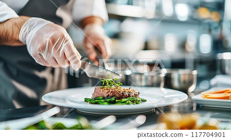 Chef meticulously plating gourmet dish with fresh greens in a professional kitchen, highlighting culinary precision and artistry. 117704901