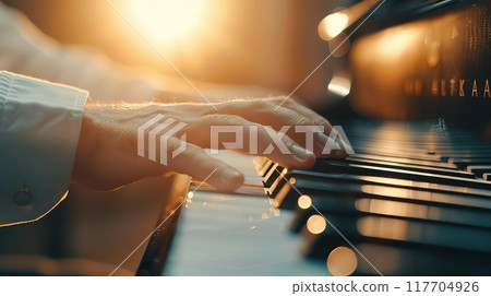 A close-up view of hands playing the piano in warm sunlight, capturing the beauty and elegance of music creation. 117704926