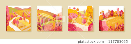 Set of posters with autumn park, Hand drawn. Red plants, trees and colorful fall foliage. Print on Print, notebook or book cover. Postcard, poster or wallpaper. Vector 117705035