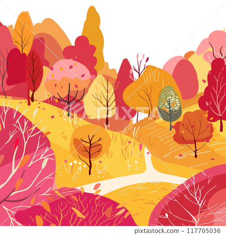 Cozy landscape with autumn scenery. Winding path to the forest hill with trees and falling leaves. Hand drawn vector illustration. Red and orange trees. Bushes with berries. Textured flat illustration Cozy landscape with autumn scenery. Winding path to the forest hill with trees and falling leaves. Hand drawn vector illustration. Red and orange trees. Bushes with berries. Textured flat illustration 117705036