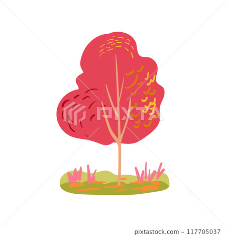 Hand drawn trees with pink, coral, red, and yellow branches and falling leaves. Simple design. Flat vector illustration. Icon Hand drawn trees with pink, coral, red, and yellow branches and falling leaves. Simple design. Flat vector illustration. Icon 117705037