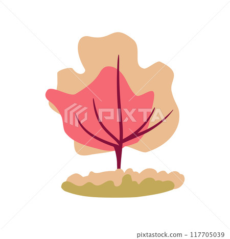 Hand drawn trees with coral branches, yellow leaves, and grass. Flat vector illustration. Icon plant Hand drawn trees with coral branches, yellow leaves, and grass. Flat vector illustration. Icon plant 117705039